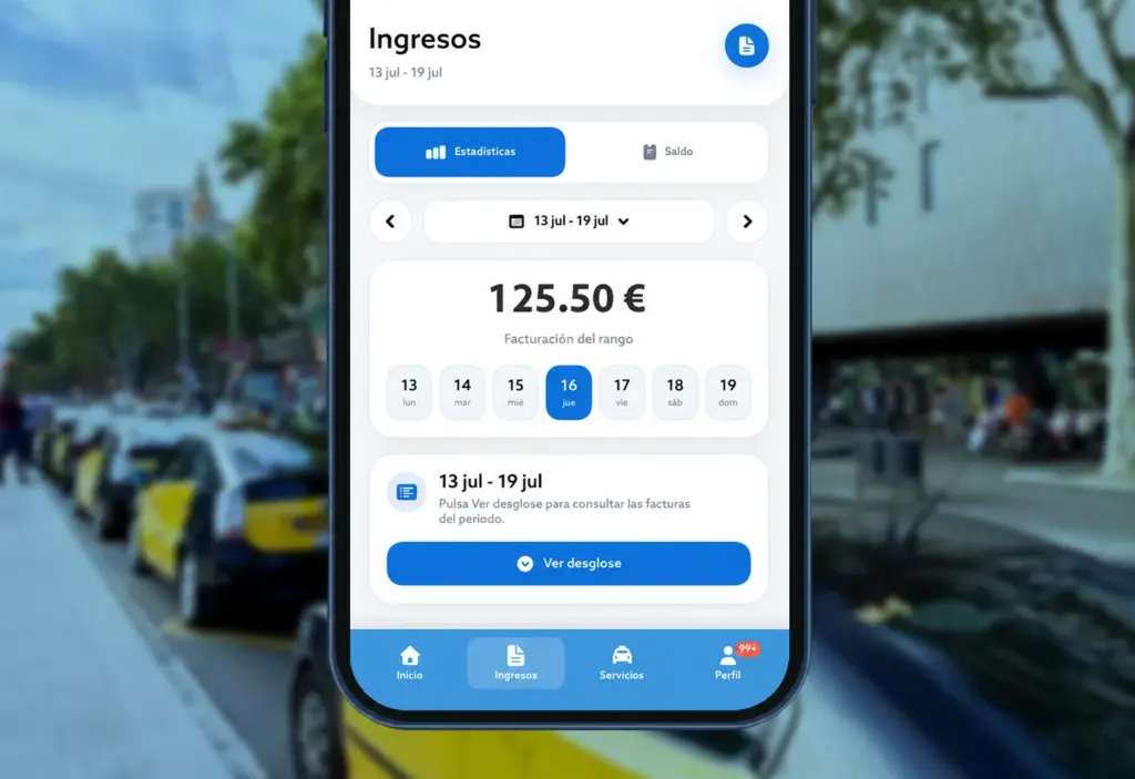 Pantalla de ingresos de la app TaxiBlau para taxistas