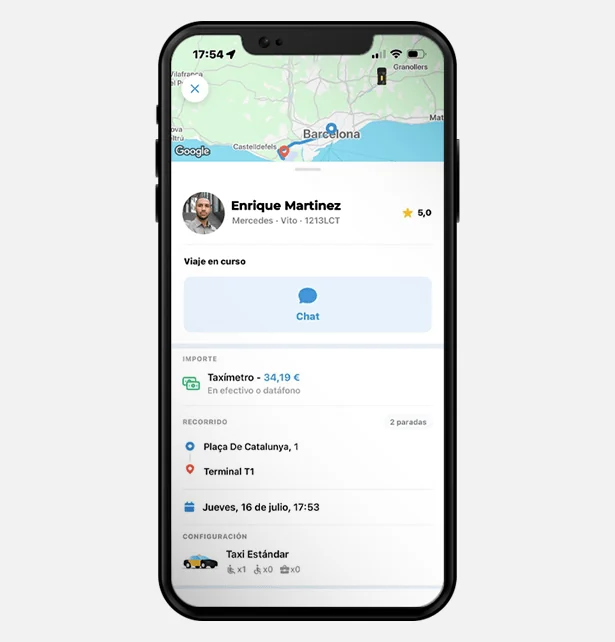 Seguimiento del taxi y datos del conductor en la aplicación.