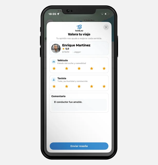 Pantalla para valorar el trayecto en taxi.