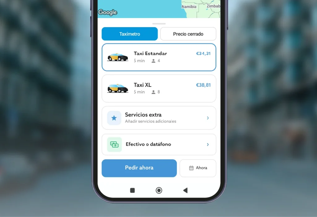 Selección del tipo de taxi y servicios en la aplicación.