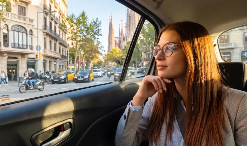 Pasajera contempla Barcelona desde el interior de un taxi.
